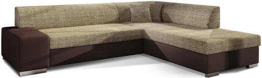Nowoczesny narożnik Porto w połączeniu ciemnobeżowej tkaniny Berlin 03 oraz brązowej Soft 66 w wersji prawostronnej to elegancka sofa do salonu, oferująca wygodne siedziska i przytulną przestrzeń do codziennego wypoczynku