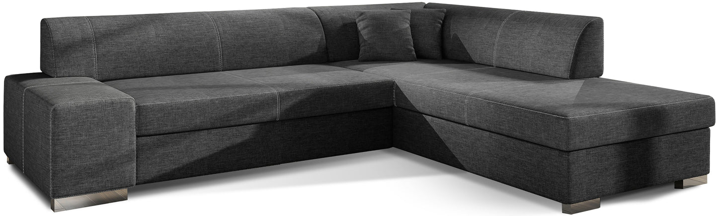 Narożnik Porto w tkaninie Sawana 05 ciemnoszary prawy, elegancka sofa w kształcie L do nowoczesnego salonu, zapewniająca komfortowy wypoczynek, przestrzeń do oglądania telewizji i spotkań rodzinnych