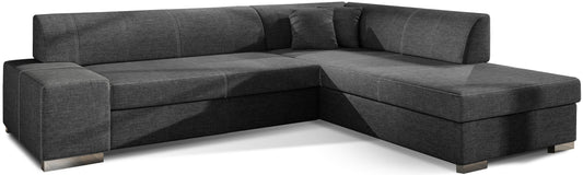 Narożnik Porto w tkaninie Sawana 05 ciemnoszary prawy, elegancka sofa w kształcie L do nowoczesnego salonu, zapewniająca komfortowy wypoczynek, przestrzeń do oglądania telewizji i spotkań rodzinnych