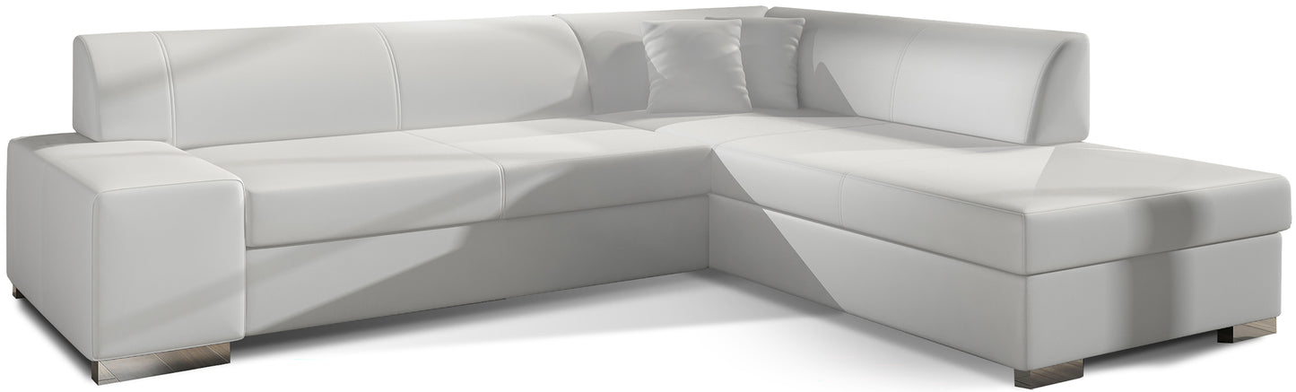 Nowoczesny narożnik Portow tkaninie Soft 17 i w wersji prawostronnej, duża sofa narożna do salonu z wygodnym siedziskiem i poduszkami, idealna dla rodziny ceniącej komfort i jasne wnętrza