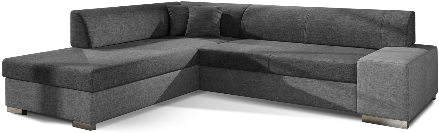 Nowoczesny narożnik Porto w połączeniu ciemnoszarej tkaniny Sawana 05 oraz szarej Sawana 21 tworzy elegancką, stonowaną kompozycję, oferując wygodne siedziska i funkcjonalną przestrzeń do codziennego wypoczynku w salonie