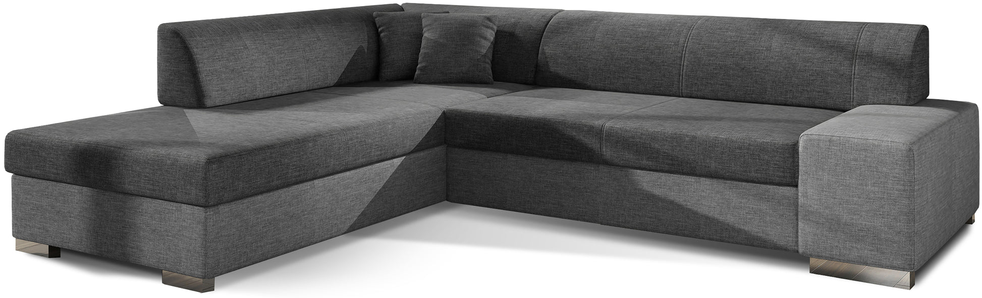Nowoczesny narożnik Porto w połączeniu ciemnoszarej tkaniny Sawana 05 oraz szarej Sawana 21 tworzy elegancką, stonowaną kompozycję, oferując wygodne siedziska i funkcjonalną przestrzeń do codziennego wypoczynku w salonie