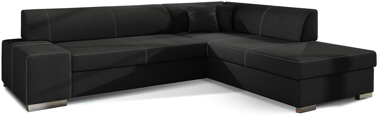 Czarny narożnik Porto Sawana 14 w wersji prawostronnej, nowoczesna sofa narożna do salonu z dużym siedziskiem i miękkimi poduszkami, idealna dla rodziny szukającej wygodnego miejsca do codziennego wypoczynku