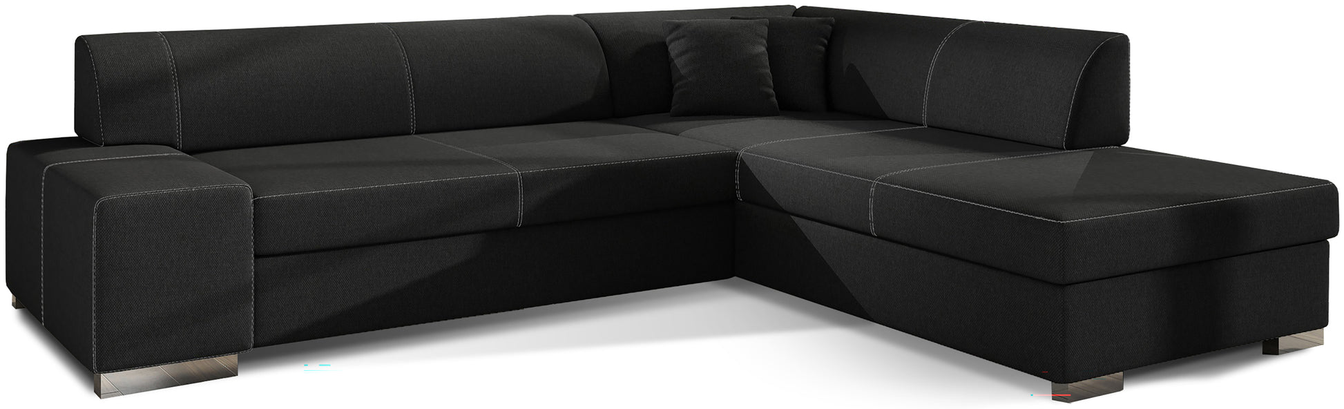 Czarny narożnik Porto Sawana 14 w wersji prawostronnej, nowoczesna sofa narożna do salonu z dużym siedziskiem i miękkimi poduszkami, idealna dla rodziny szukającej wygodnego miejsca do codziennego wypoczynku