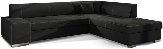 Czarny narożnik Porto Sawana 14 w wersji prawostronnej, nowoczesna sofa narożna do salonu z dużym siedziskiem i miękkimi poduszkami, idealna dla rodziny szukającej wygodnego miejsca do codziennego wypoczynku