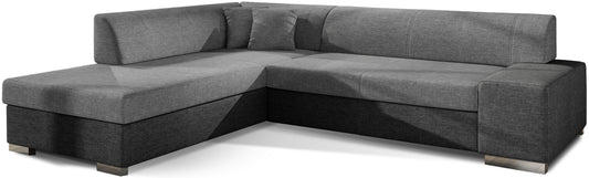 Nowoczesny narożnik Porto w zestawieniu szarej tkaniny Sawana 21 oraz ciemnoszarej Sawana 05 tworzy spójną, stonowaną kompozycję, oferując wygodne siedziska i funkcjonalną przestrzeń do codziennego wypoczynku w salonie