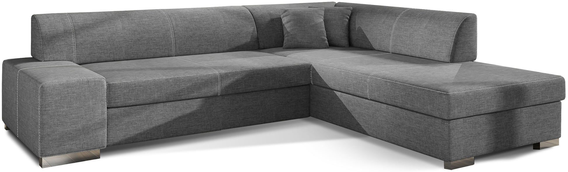 Nowoczesny narożnik Porto w szarym kolorze z tkaniny Sawana 21 w wersji prawostronnej to funkcjonalna sofa do salonu, która zapewnia wygodne siedziska i praktyczny układ dopasowany do codziennego wypoczynku