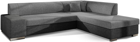 Nowoczesny narożnik Porto w tkaninie Sawana 21 szary z elementami Sawana 05 w wersji prawostronnej, duża sofa narożna do salonu z wygodnym siedziskiem i poduszkami, idealna dla rodziny ceniącej komfort i styl