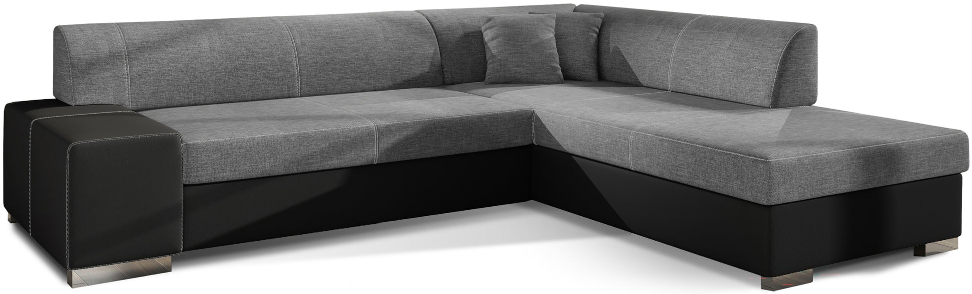Nowoczesny narożnik Porto w kolorze szarym Sawana 21 z czarną podstawą Soft 11, duża sofa w kształcie litery L do salonu rodzinnego, wygodne siedzisko i miękkie poduszki oparciowe idealne do codziennego wypoczynku
