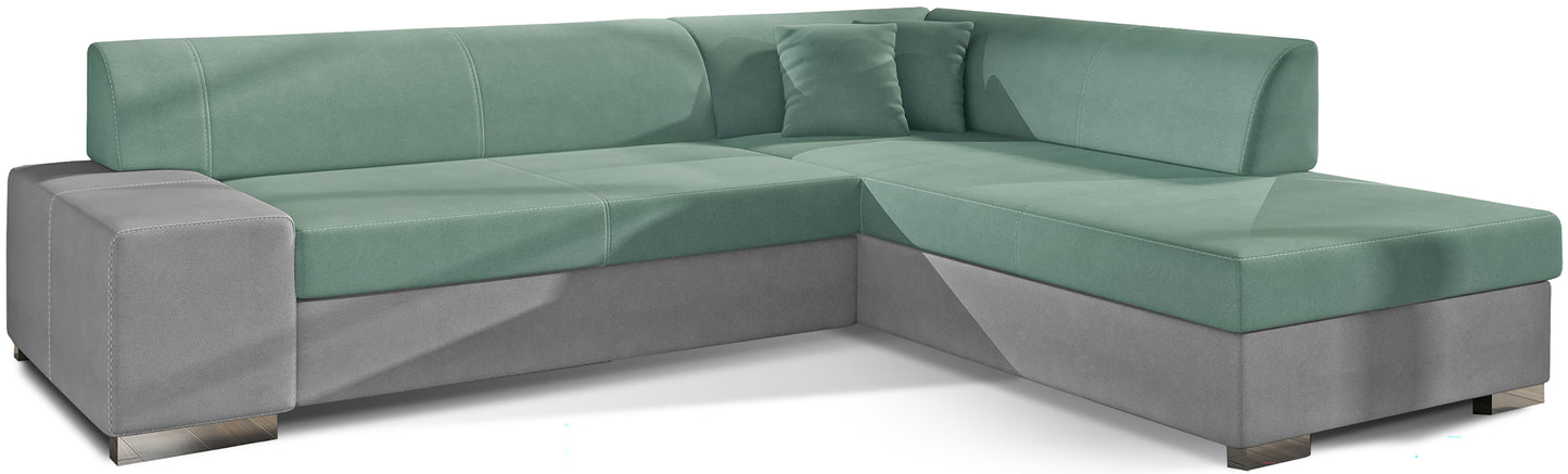 Nowoczesny narożnik Porto w jasnozielonym kolorze z tkanin Soro 34 i Soro 83 w wersji prawostronnej to funkcjonalna sofa do salonu, która wprowadza świeżość do wnętrza i oferuje wygodne miejsce do codziennego wypoczynku