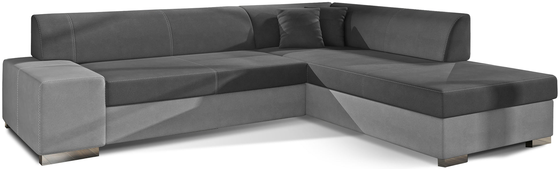 Nowoczesny narożnik Porto w szarym kolorze z tkanin Soro 93 i Soro 83 w wersji prawostronnej to funkcjonalna sofa do salonu, która oferuje wygodne siedziska oraz praktyczny układ dopasowany do codziennego wypoczynku