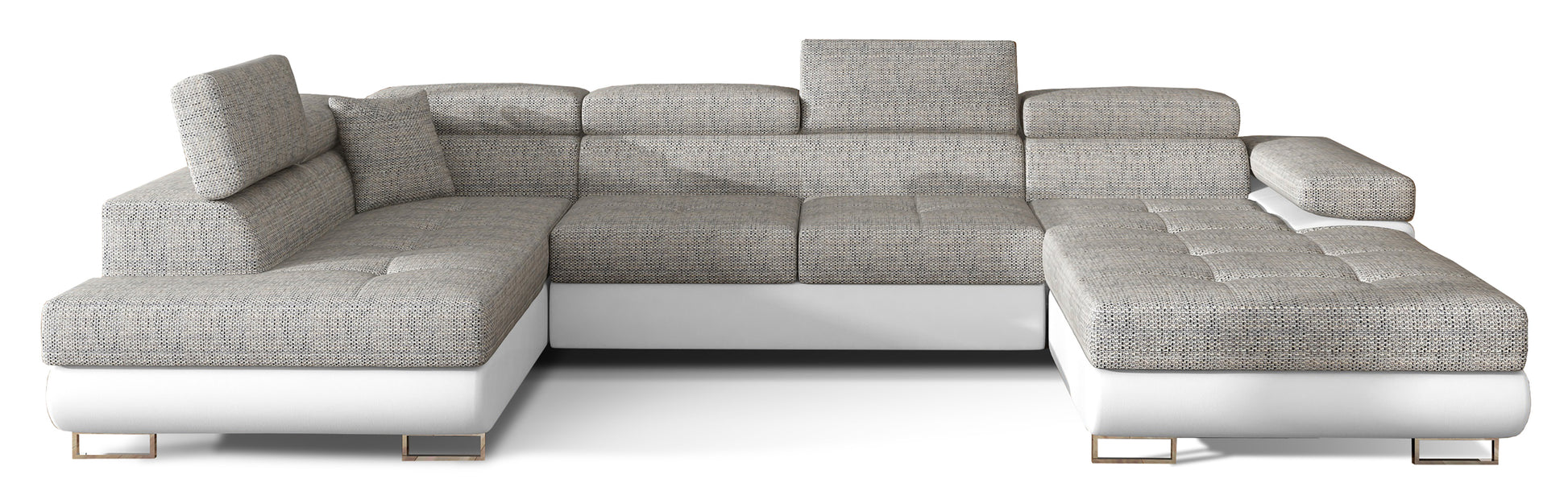 Narożnik Rodrigo w układzie lewym, tapicerowany w tkaninie Berlin 01 szary i Soft 17 biały, widok frontalny na białym tle.