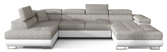 Narożnik Rodrigo w układzie lewym, tapicerowany w tkaninie Berlin 01 szary i Soft 17 biały, widok frontalny na białym tle.