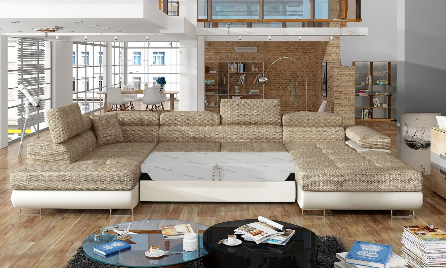 Narożnik Rodrigo Berlin 03 ciemnobeżowy / Soft 33 w układzie lewym z rozłożoną funkcją spania w jasnym salonie.