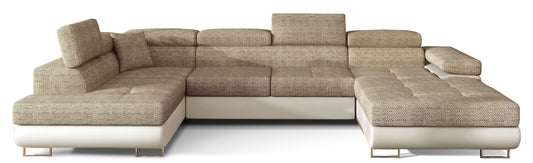 Narożnik Rodrigo w układzie lewym, tapicerowany w tkaninie Berlin 03 ciemnobeżowy i Soft 33, widok frontalny na białym tle.