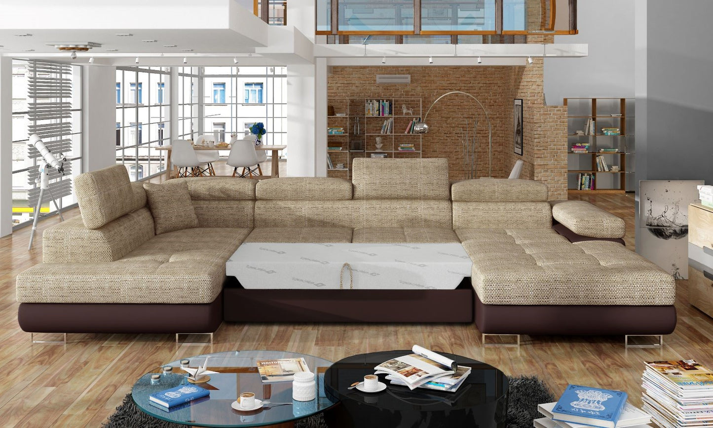 Narożnik Rodrigo Berlin 03 ciemnobeżowy / Soft 66 w układzie lewym z rozłożoną funkcją spania w jasnym salonie.