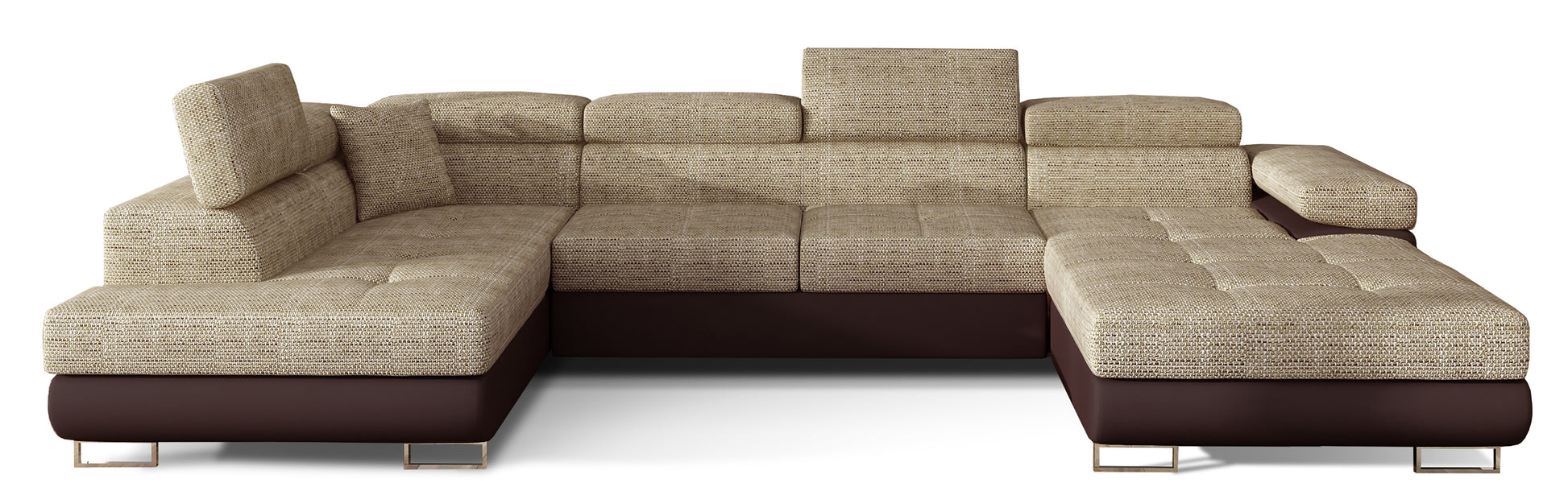 Narożnik Rodrigo w układzie lewym, tapicerowany w tkaninie Berlin 03 ciemnobeżowy i Soft 66, widok frontalny na białym tle.