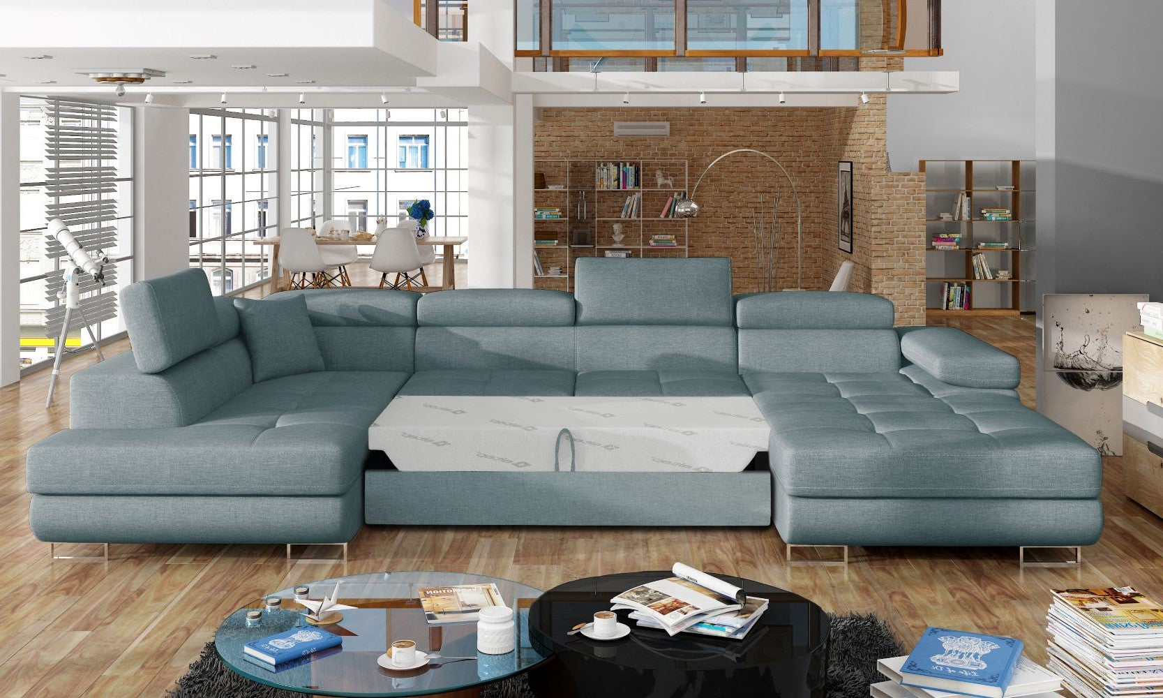 Narożnik Rodrigo Cover 70 niebieski w układzie lewym z rozłożoną funkcją spania w jasnym salonie.