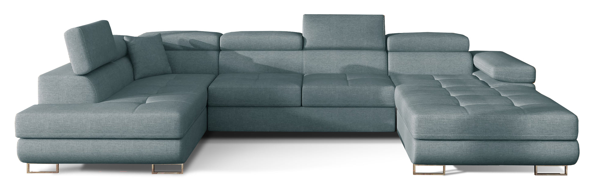 Narożnik Rodrigo w układzie lewym, tapicerowany w tkaninie Cover 70 niebieski, widok frontalny na białym tle.