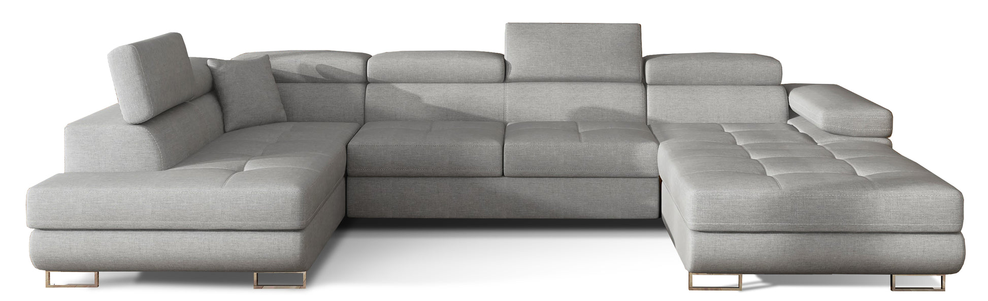 Narożnik Rodrigo w układzie lewym, tapicerowany w tkaninie Cover 83 szary, widok frontalny na białym tle.