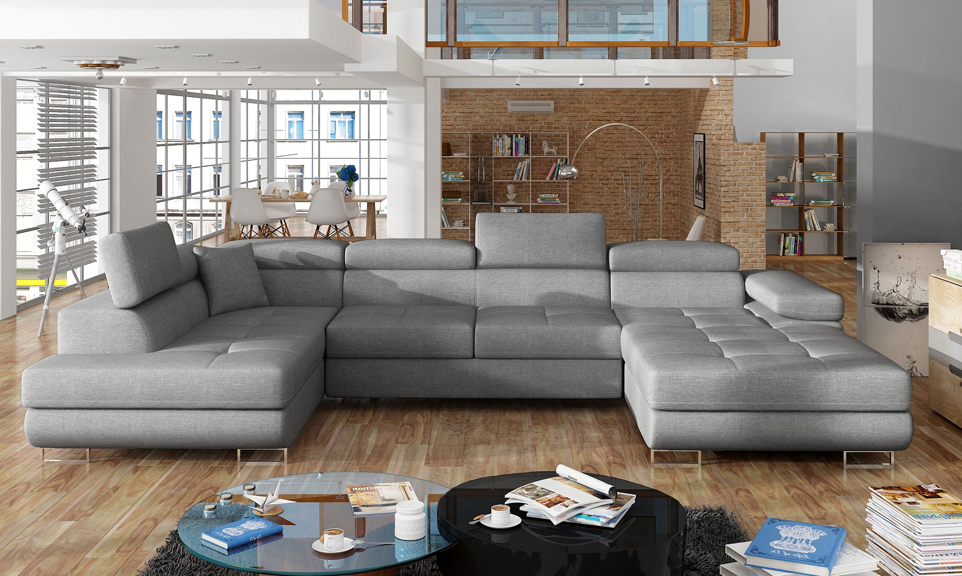 Narożnik Rodrigo Cover 87 ciemnoszary w układzie lewym ustawiony w przestronnym nowoczesnym salonie.