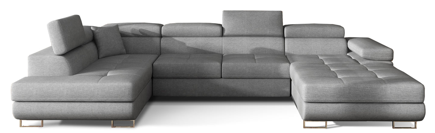 Narożnik Rodrigo w układzie lewym, tapicerowany w tkaninie Cover 87 ciemnoszary, widok frontalny na białym tle.