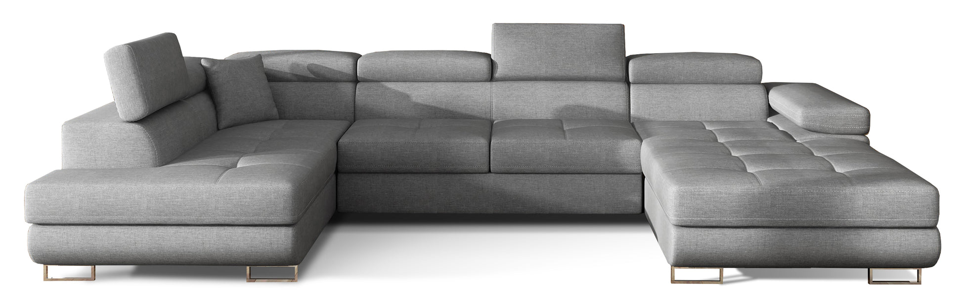 Narożnik Rodrigo w układzie lewym, tapicerowany w tkaninie Cover 87 ciemnoszary, widok frontalny na białym tle.