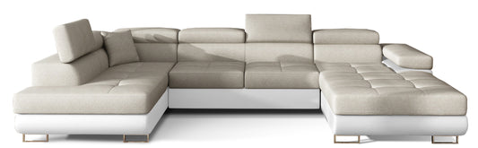 Narożnik Rodrigo w układzie lewym, tapicerowany w tkaninie Dora 21 beżowy i Soft 17, widok frontalny na białym tle.