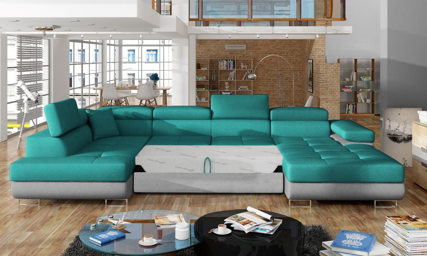 Narożnik Rodrigo Dora 85 zielony / Dora 90 w układzie lewym z rozłożoną funkcją spania w jasnym salonie.