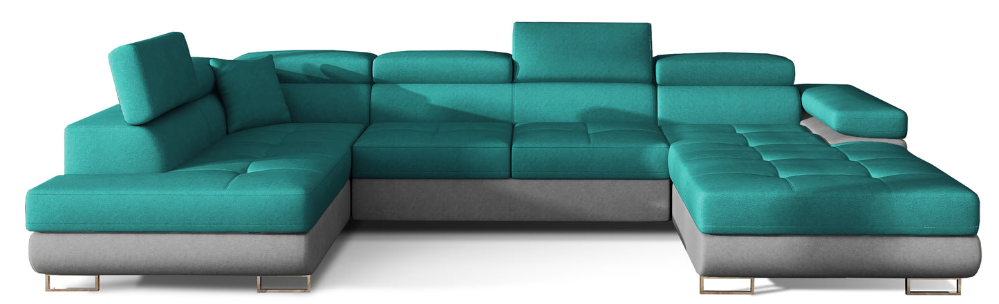 Narożnik Rodrigo w układzie lewym, tapicerowany w tkaninie Dora 85 zielony i Dora 90, widok frontalny na białym tle.