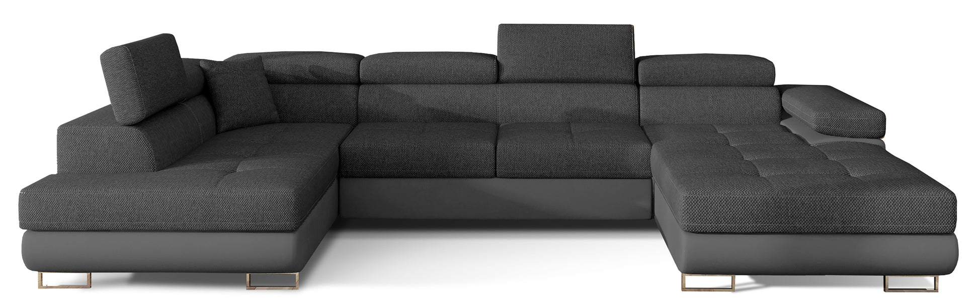 Narożnik Rodrigo w układzie lewym, tapicerowany w tkaninie Inari 96 ciemnoszary i Soft 29, widok frontalny na białym tle.