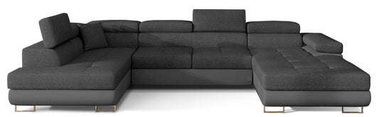 Narożnik Rodrigo w układzie lewym, tapicerowany w tkaninie Inari 96 ciemnoszary i Soft 29, widok frontalny na białym tle.