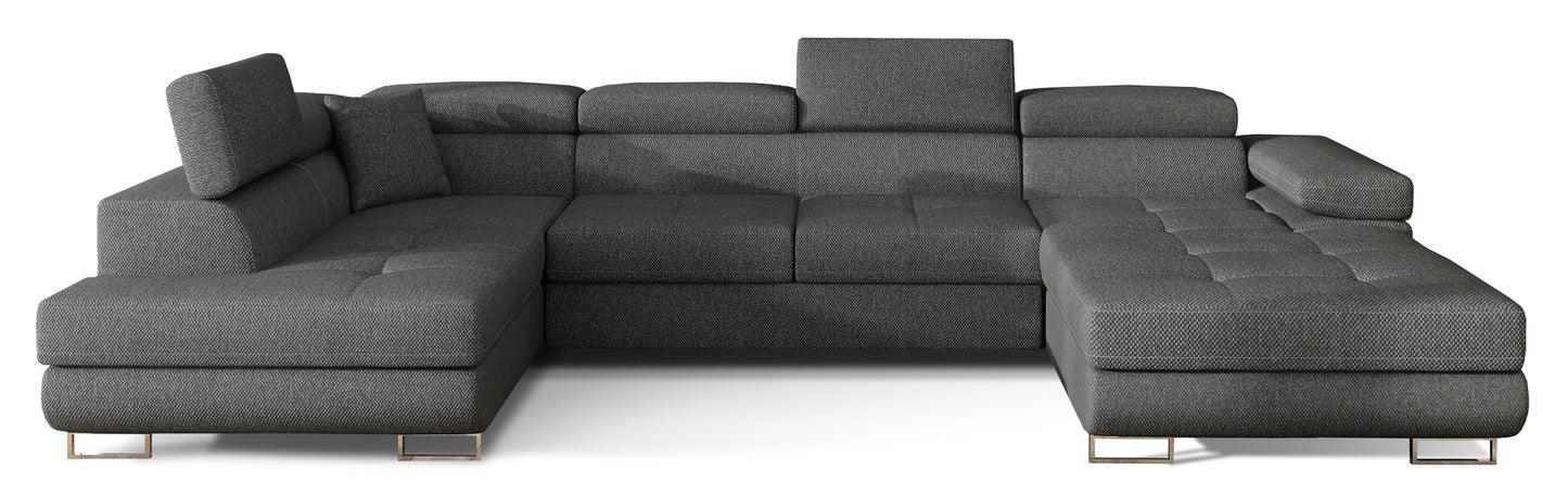 Narożnik Rodrigo w układzie lewym, tapicerowany w tkaninie Inari 96 ciemnoszary, widok frontalny na białym tle.