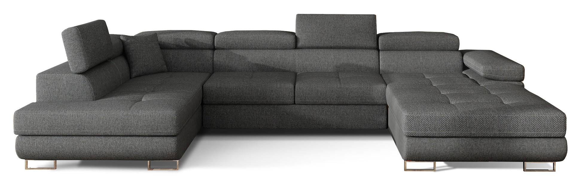 Narożnik Rodrigo w układzie lewym, tapicerowany w tkaninie Inari 96 ciemnoszary, widok frontalny na białym tle.