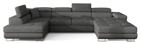 Narożnik Rodrigo w układzie lewym, tapicerowany w tkaninie Inari 96 ciemnoszary, widok frontalny na białym tle.