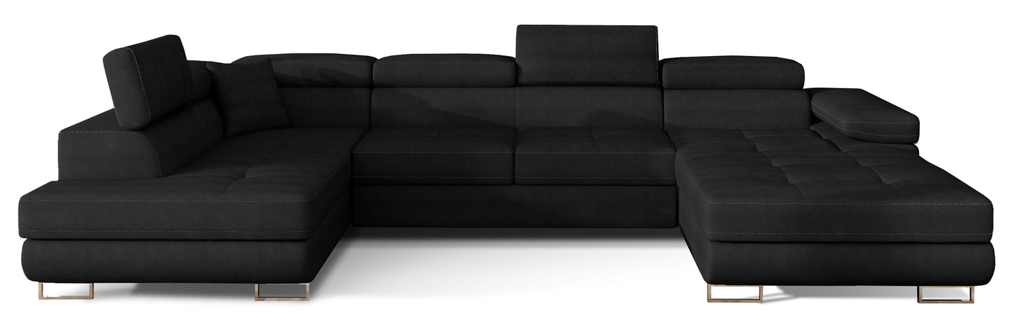 Narożnik Rodrigo w układzie lewym, tapicerowany w tkaninie Kronos 07 czarny, widok frontalny na białym tle.