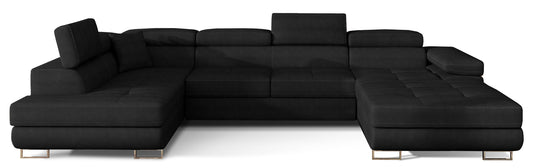 Narożnik Rodrigo w układzie lewym, tapicerowany w tkaninie Kronos 07 czarny, widok frontalny na białym tle.