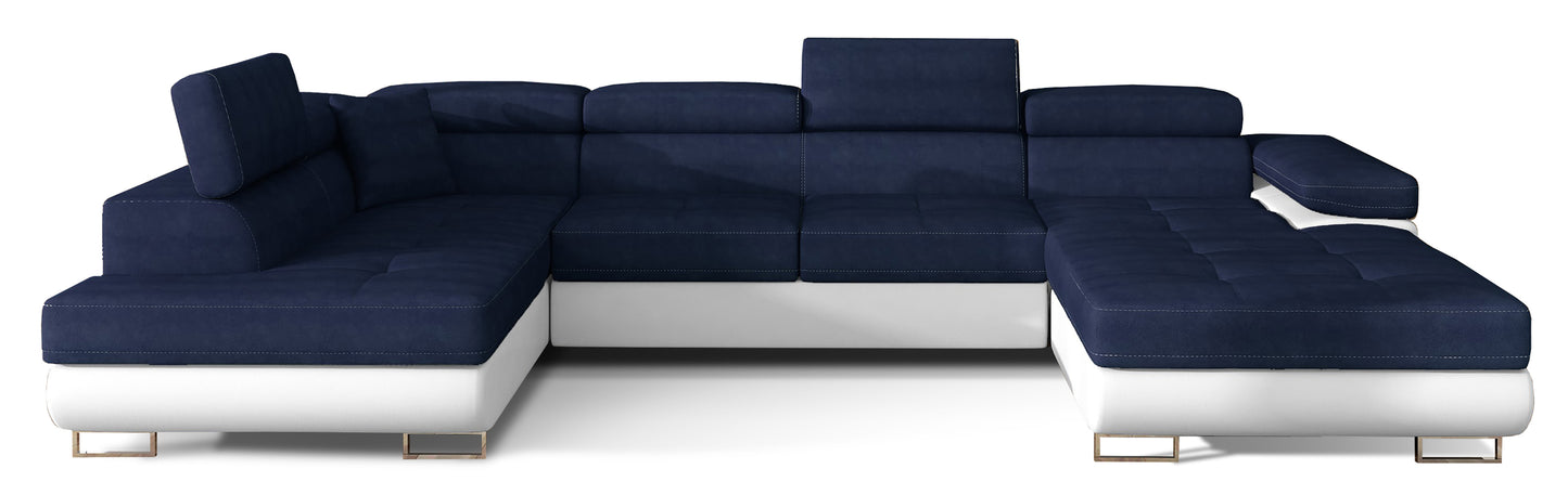 Narożnik Rodrigo w układzie lewym, tapicerowany w tkaninie Kronos 09 granatowy i Soft 17, widok frontalny na białym tle.
