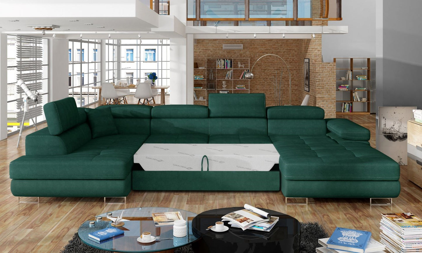 Narożnik Rodrigo Kronos 19 zielony w układzie lewym z rozłożoną funkcją spania w jasnym salonie.