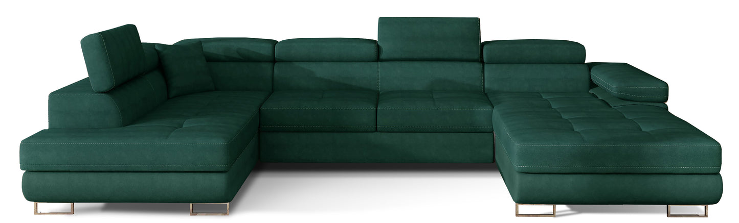Narożnik Rodrigo w układzie lewym, tapicerowany w tkaninie Kronos 19 zielony, widok frontalny na białym tle.