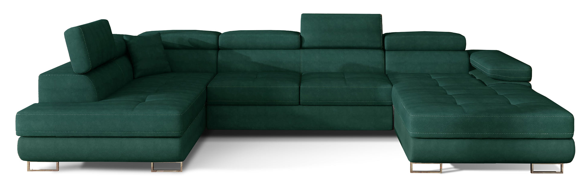 Narożnik Rodrigo w układzie lewym, tapicerowany w tkaninie Kronos 19 zielony, widok frontalny na białym tle.