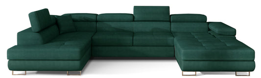 Narożnik Rodrigo w układzie lewym, tapicerowany w tkaninie Kronos 19 zielony, widok frontalny na białym tle.