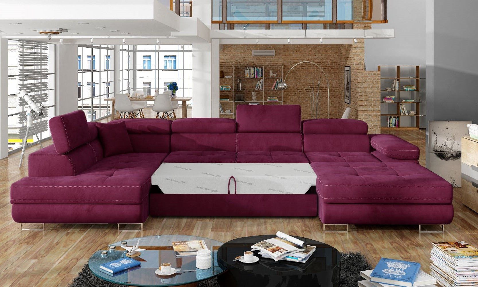 Narożnik Rodrigo MatVelvet 68 bordowy w układzie lewym z rozłożoną funkcją spania w jasnym salonie.