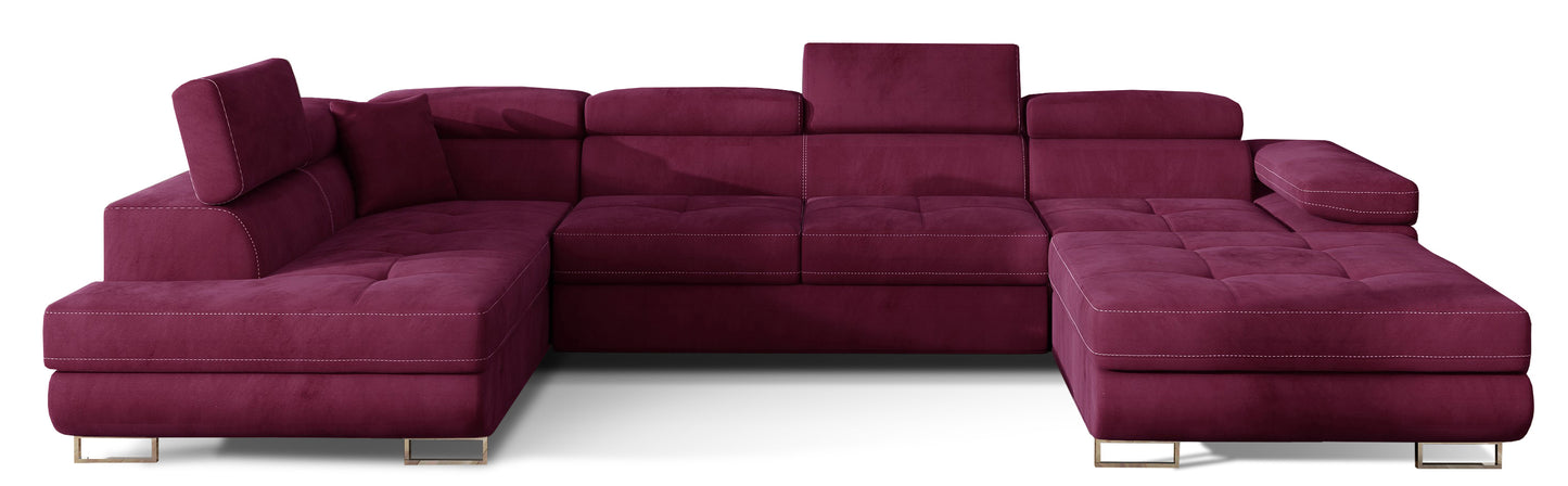 Narożnik Rodrigo w układzie lewym, tapicerowany w tkaninie MatVelvet 68 bordowy, widok frontalny na białym tle.
