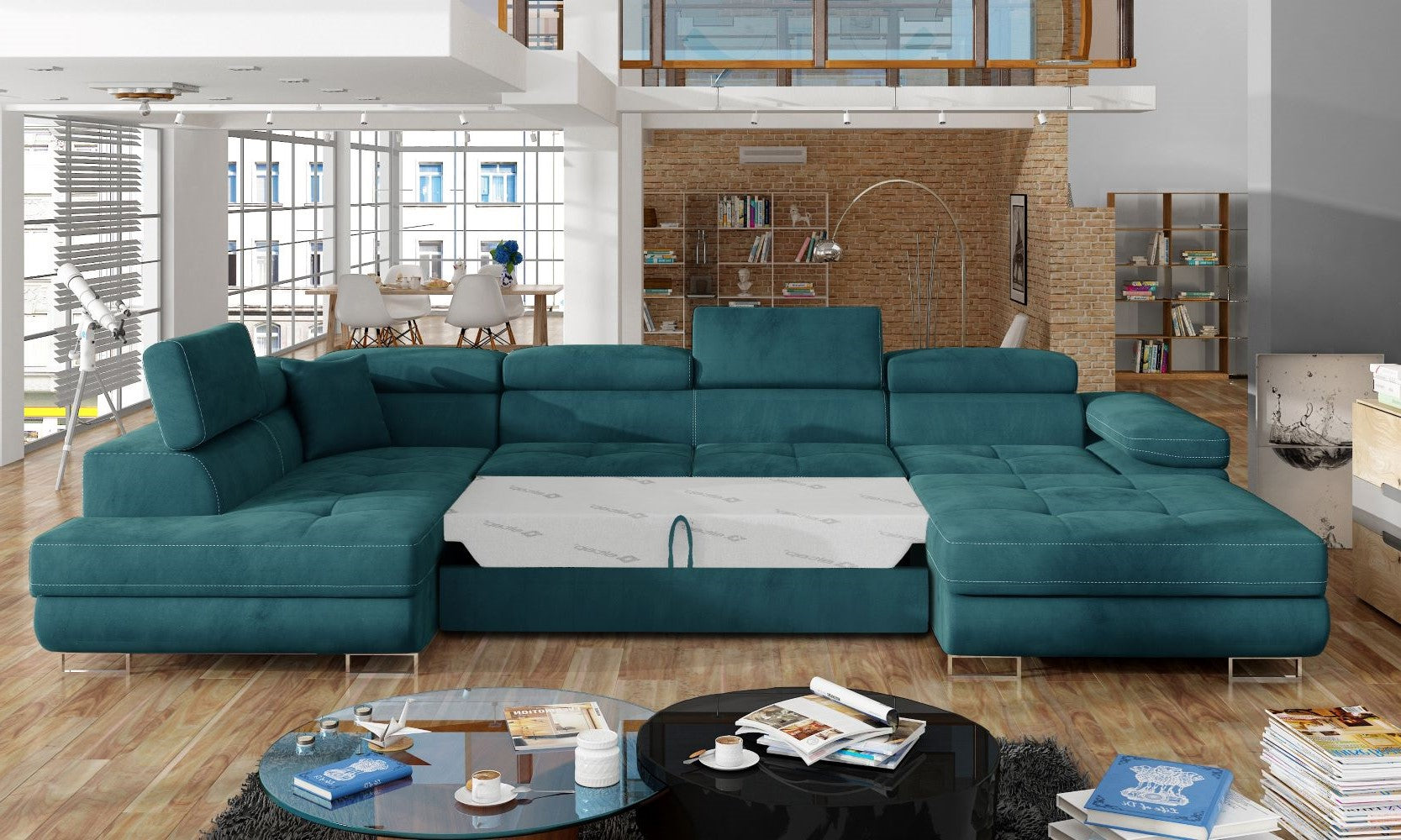 Narożnik Rodrigo MatVelvet 75 zielony / Velvet 75 w układzie lewym z rozłożoną funkcją spania w jasnym salonie.