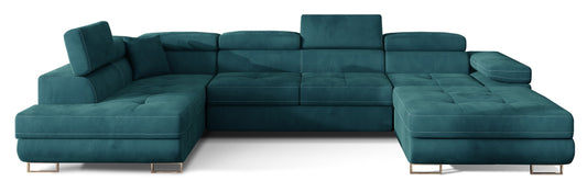 Narożnik Rodrigo w układzie lewym, tapicerowany w tkaninie MatVelvet 75 zielony i Velvet 75, widok frontalny na białym tle.