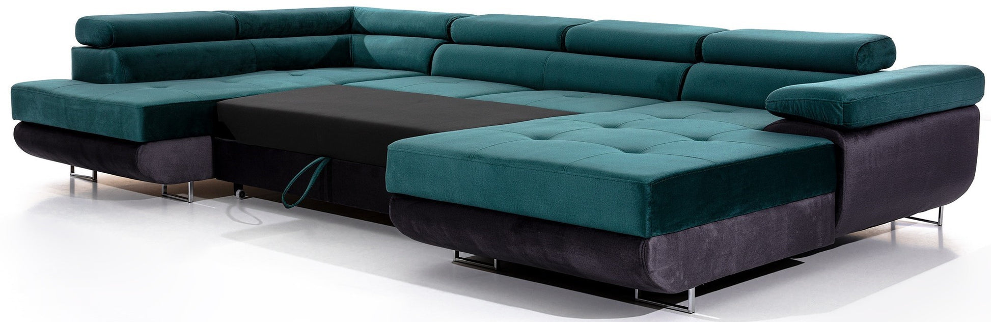 Narożnik Rodrigo w układzie lewym, tapicerowany w tkaninie Monolith 37 zielony i Monolith 97 ciemnoszary, zaprezentowany z rozłożoną funkcją spania, widok na białym tle.