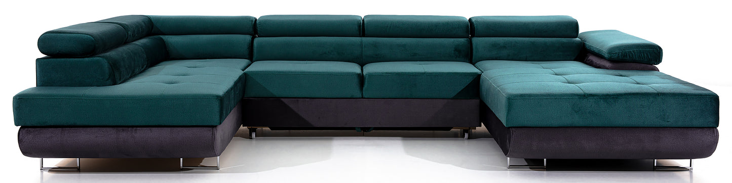 Narożnik Rodrigo w układzie lewym, tapicerowany w tkaninie Monolith 37 zielony i Monolith 97 ciemnoszary, widok frontalny na białym tle.