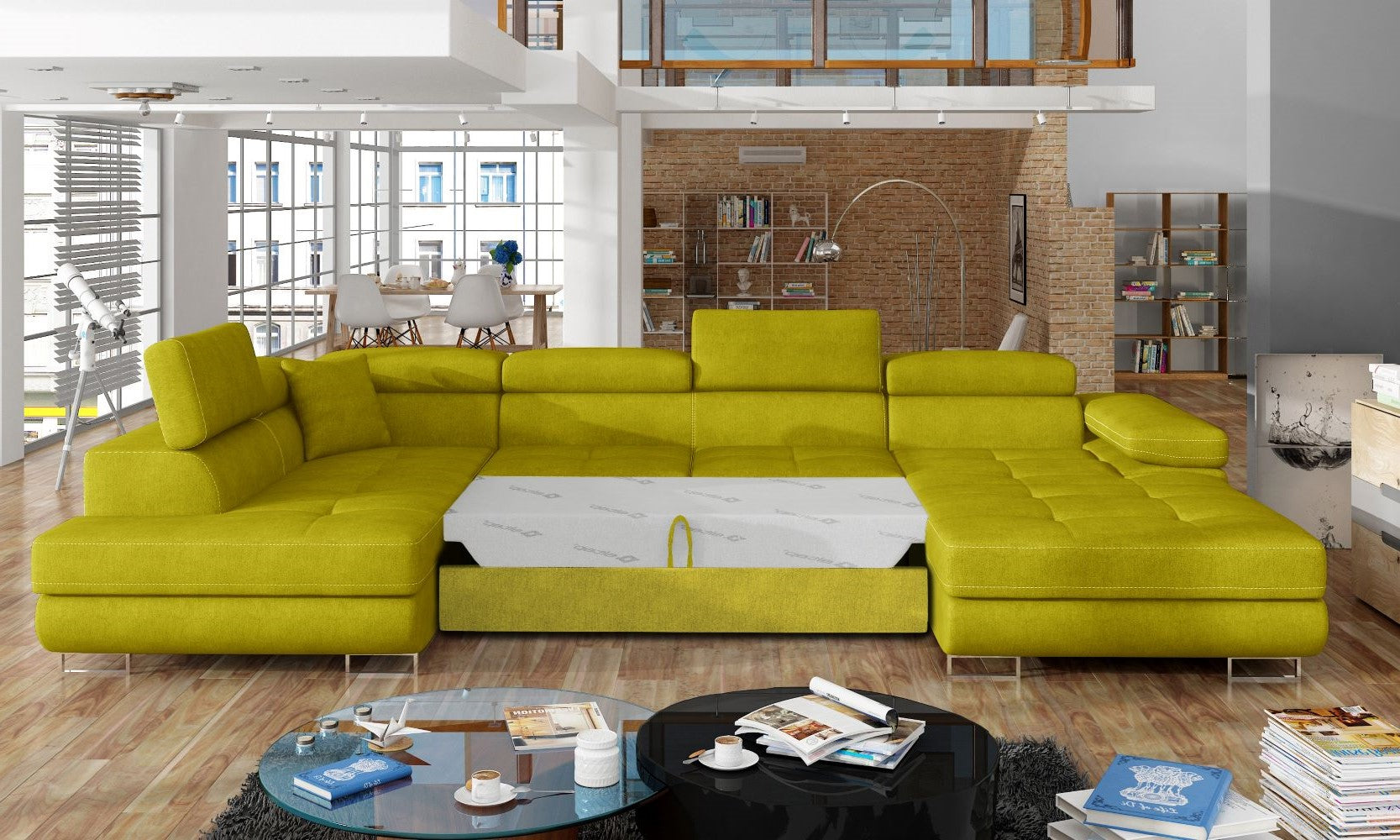 Narożnik Rodrigo Omega 68 żółty w układzie lewym z rozłożoną funkcją spania w jasnym salonie.