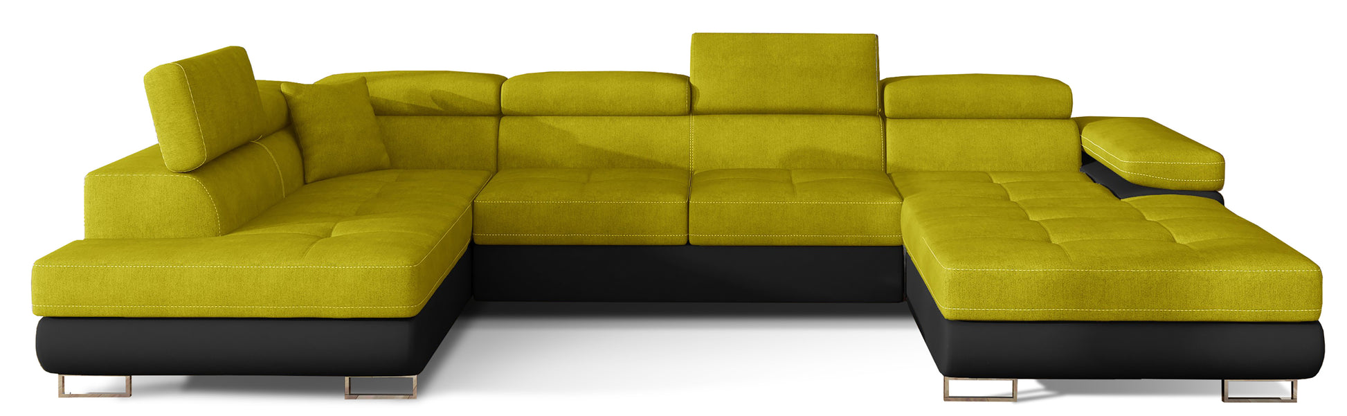 Narożnik Rodrigo w układzie lewym, tapicerowany w tkaninie Omega 68 żółty i Soft 11, widok frontalny na białym tle.